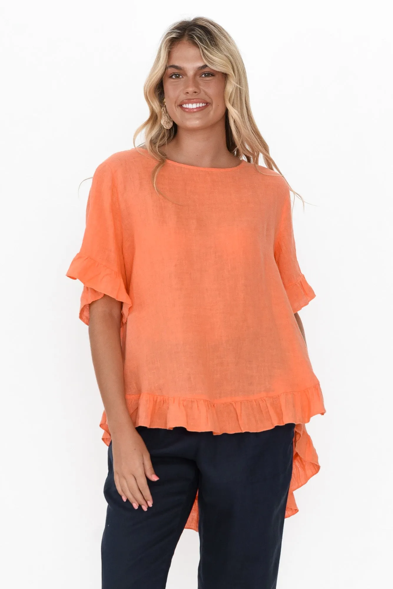 Genevieve Orange Linen Frill Top sold by Blue Bungalow