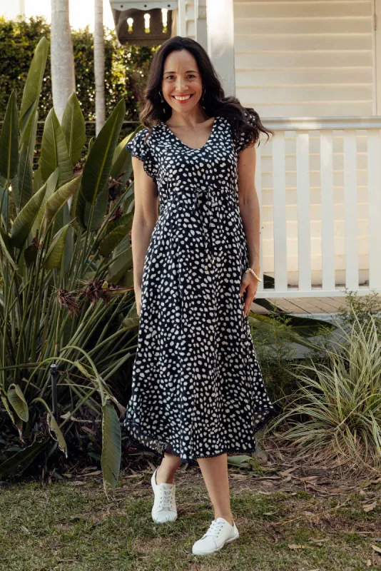 Libby Navy Spot Midi Dress sold by Blue Bungalow