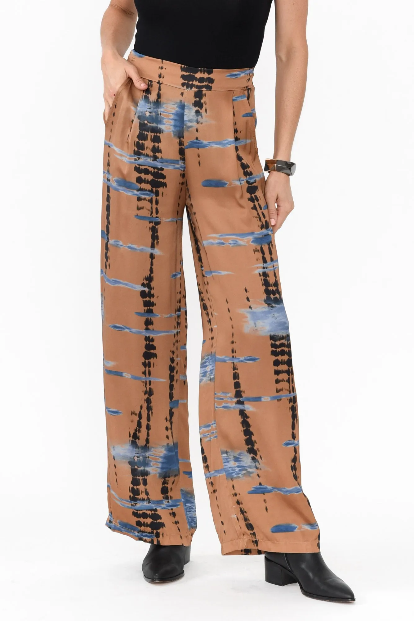 Monay Tan Abstract Silk Blend Pants sold by Blue Bungalow