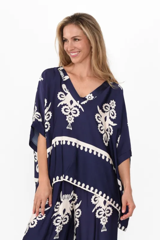 Prias Navy Abstract Silk Blend Top sold by Blue Bungalow