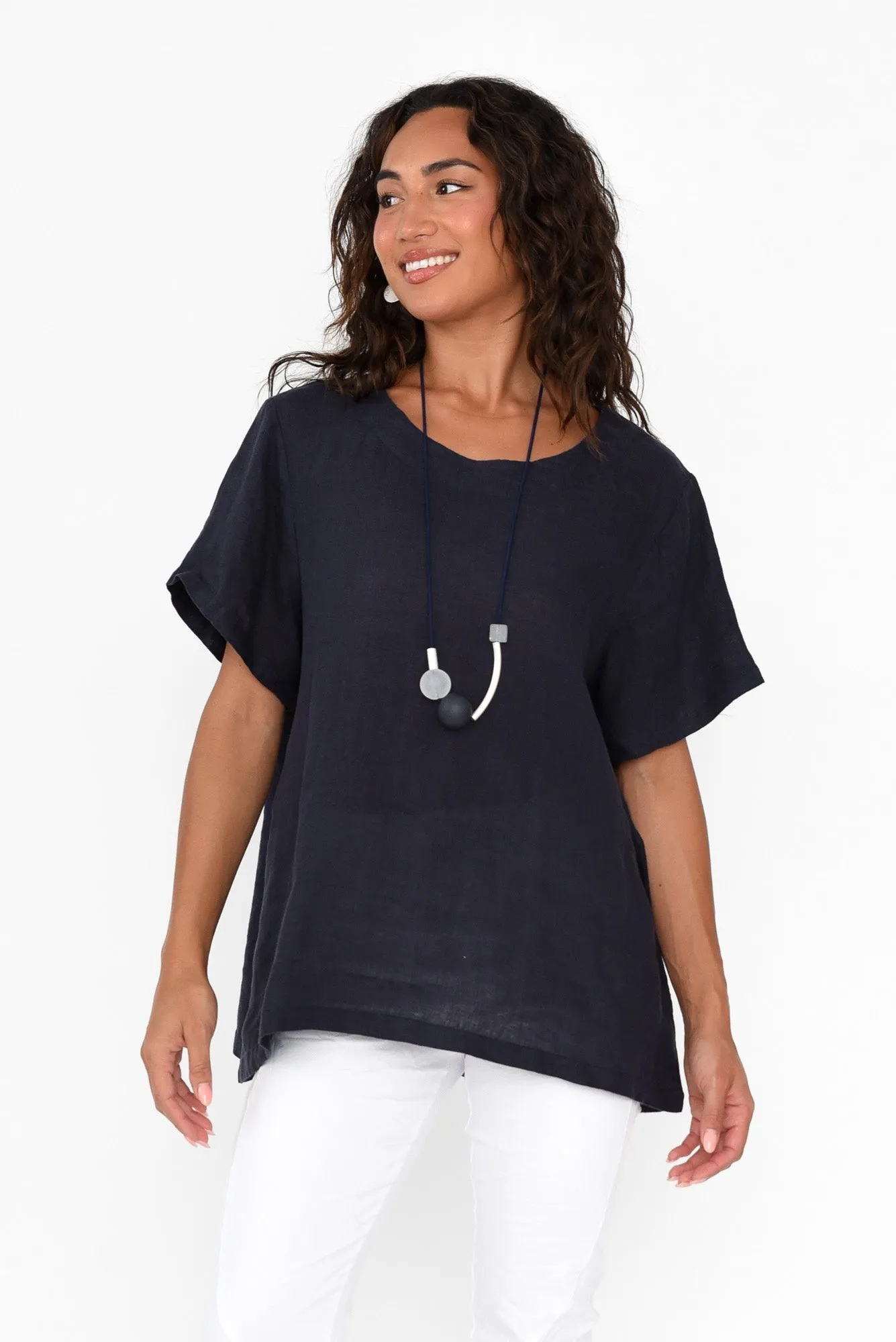 Micah Navy Linen Scoop Neck Top sold by Blue Bungalow