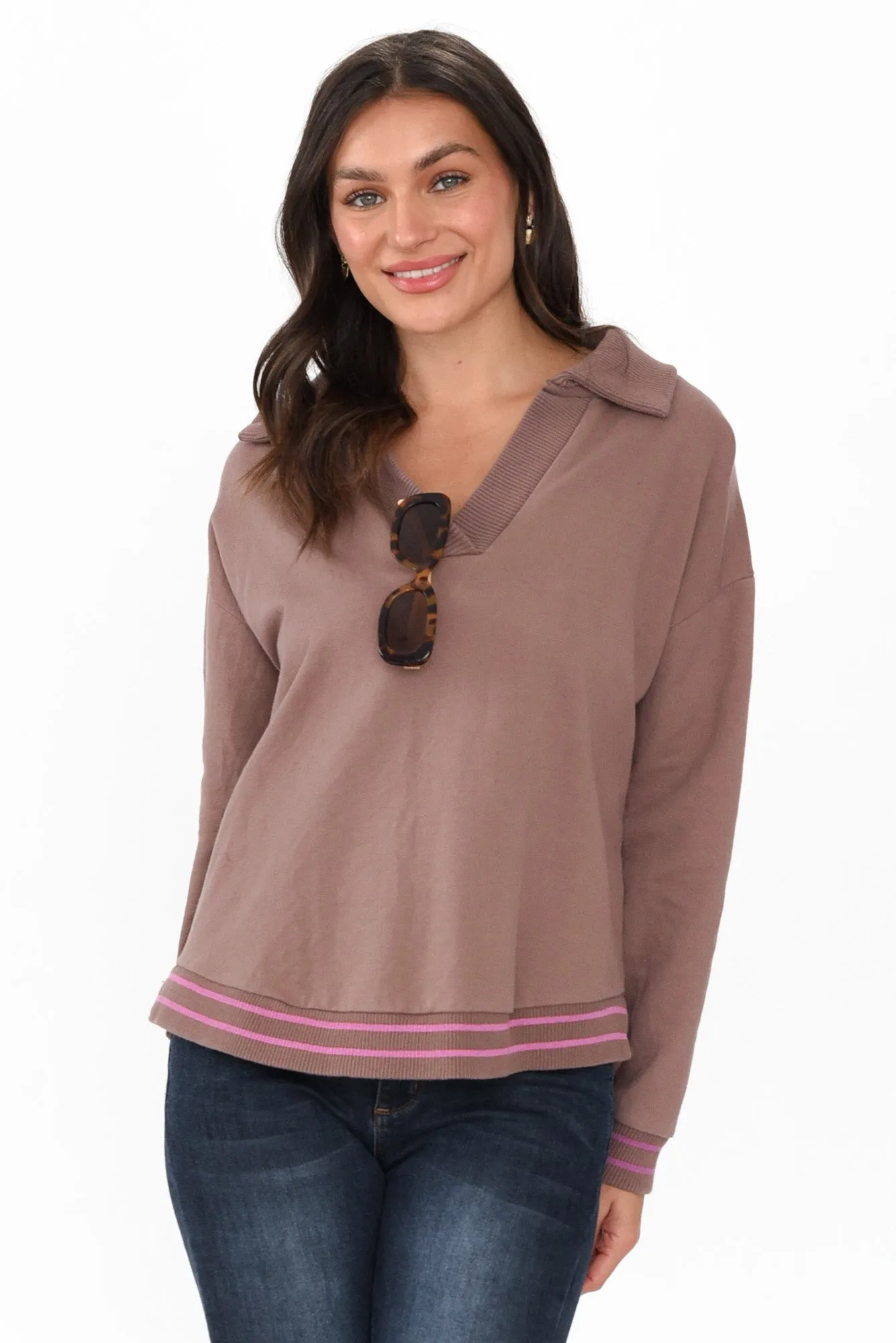Katra Brown Trim Cotton Blend Top sold by Blue Bungalow