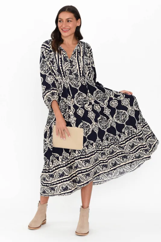 Elita Navy Abstract Pocket Dress sold by Blue Bungalow