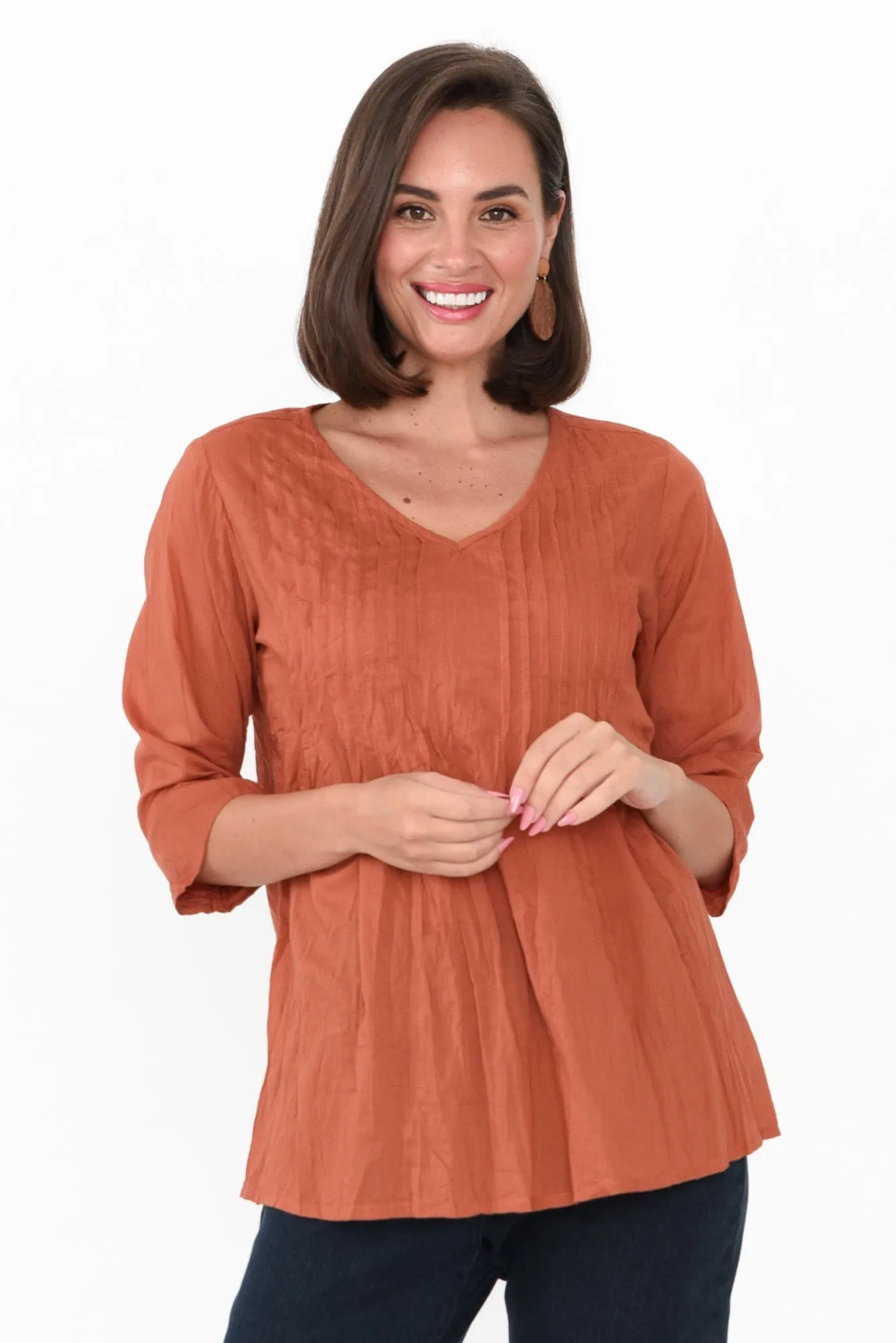Fia Rust Sleeved Crinkle Cotton Top sold by Blue Bungalow