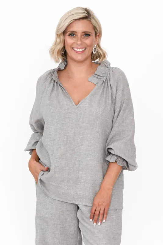 Leland Grey Linen Ruched Collar Top sold by Blue Bungalow