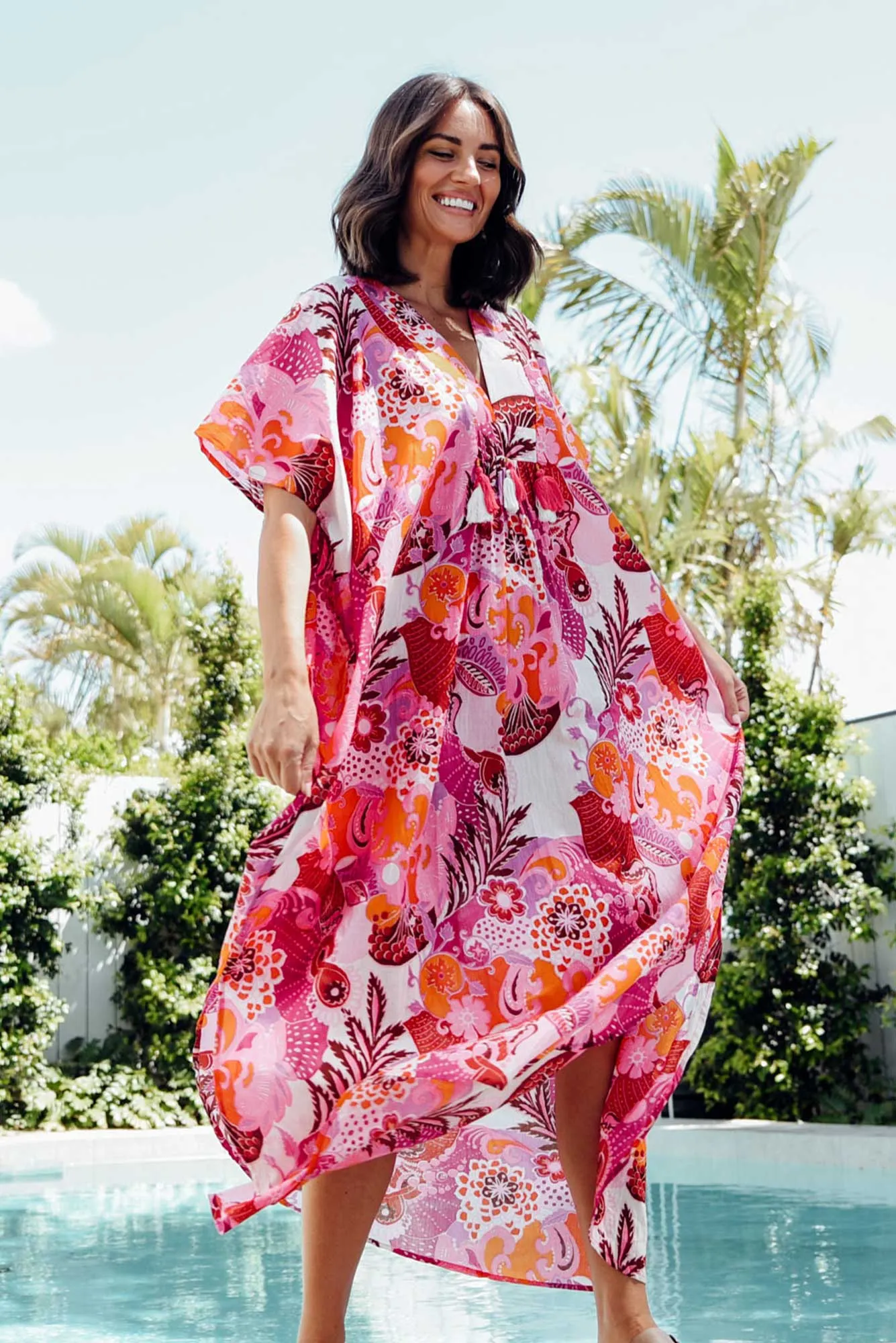 Tiwi Pink Tropical Cotton Kaftan sold by Blue Bungalow
