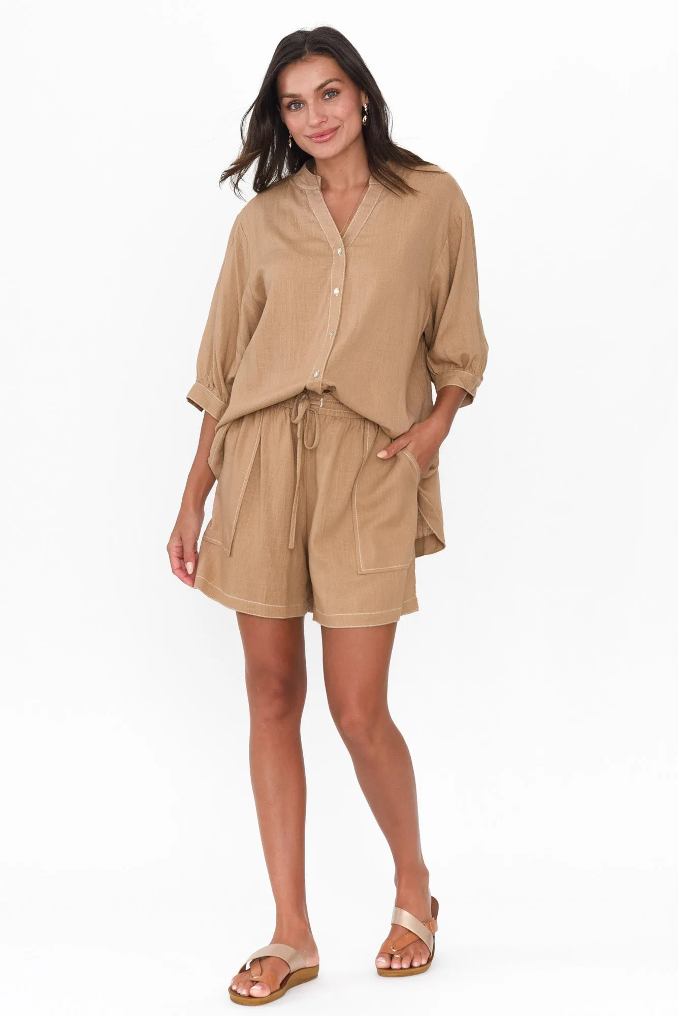 Krishna Brown Contrast Stitch Shirt sold by Blue Bungalow product image thumbnail 3