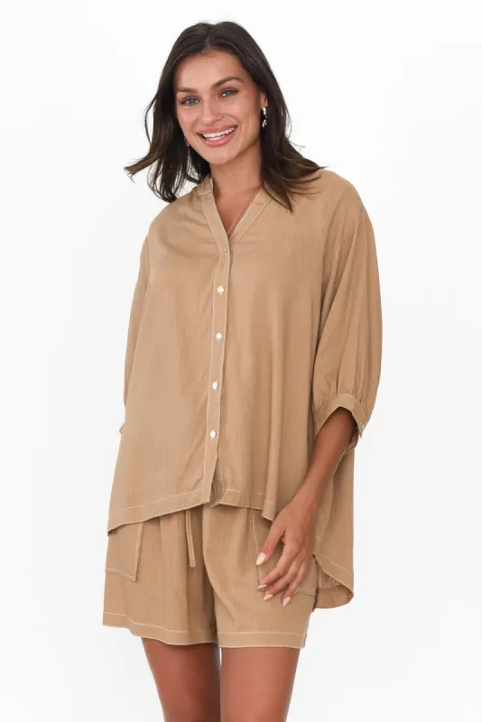 Krishna Brown Contrast Stitch Shirt sold by Blue Bungalow