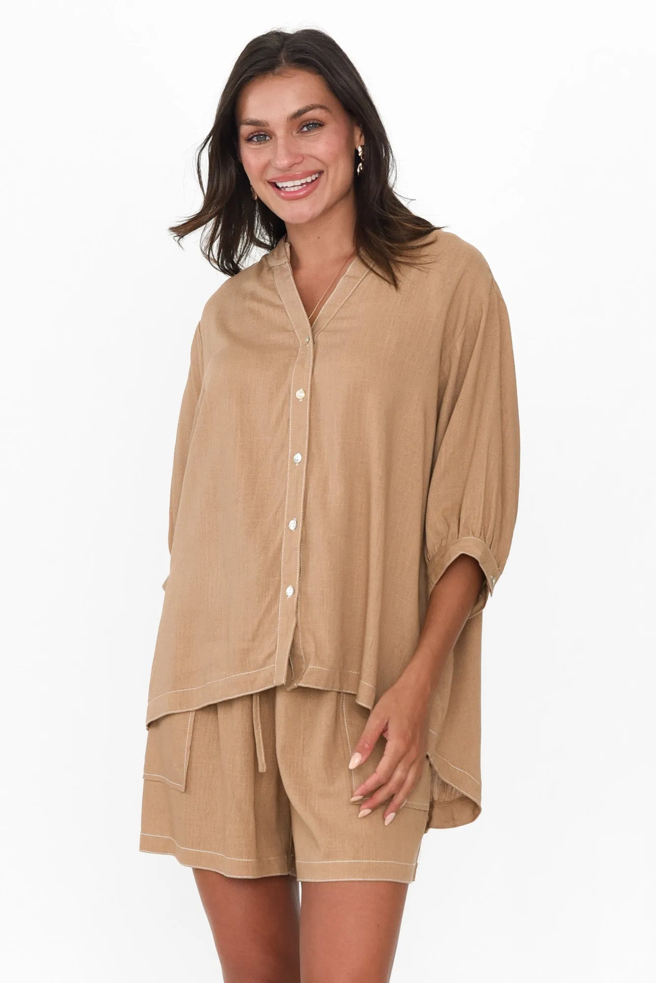 Krishna Brown Contrast Stitch Shirt sold by Blue Bungalow