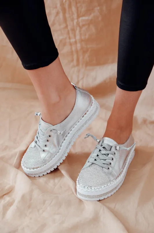 Sky Silver Leather Diamante Sneaker sold by Blue Bungalow
