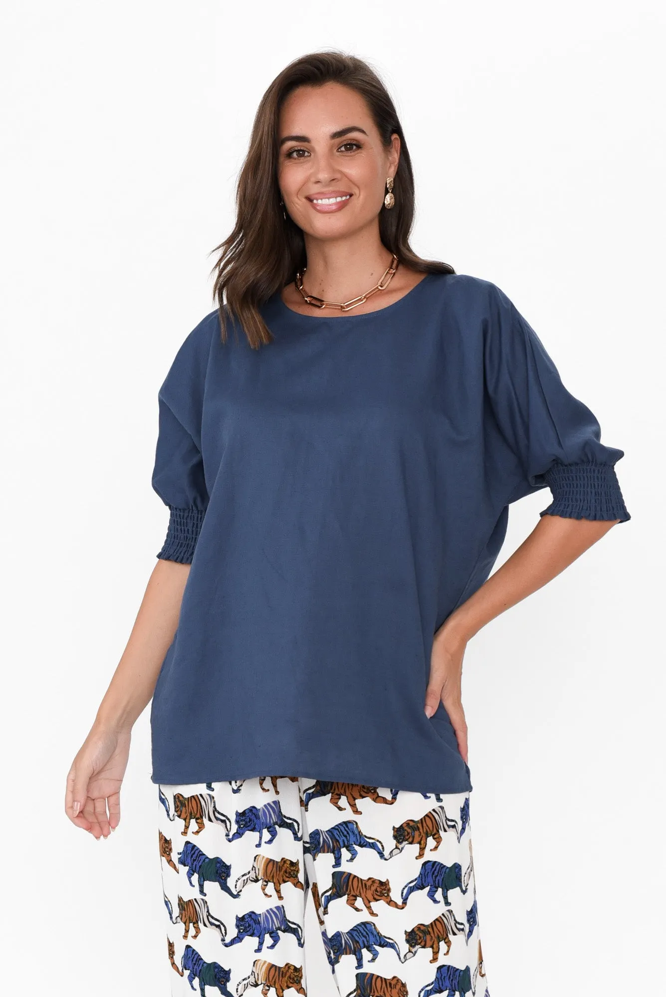 Walk In The Park Navy Linen Top sold by Blue Bungalow