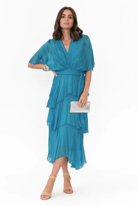 Natalie Teal Silk Layer Dress sold by Blue Bungalow