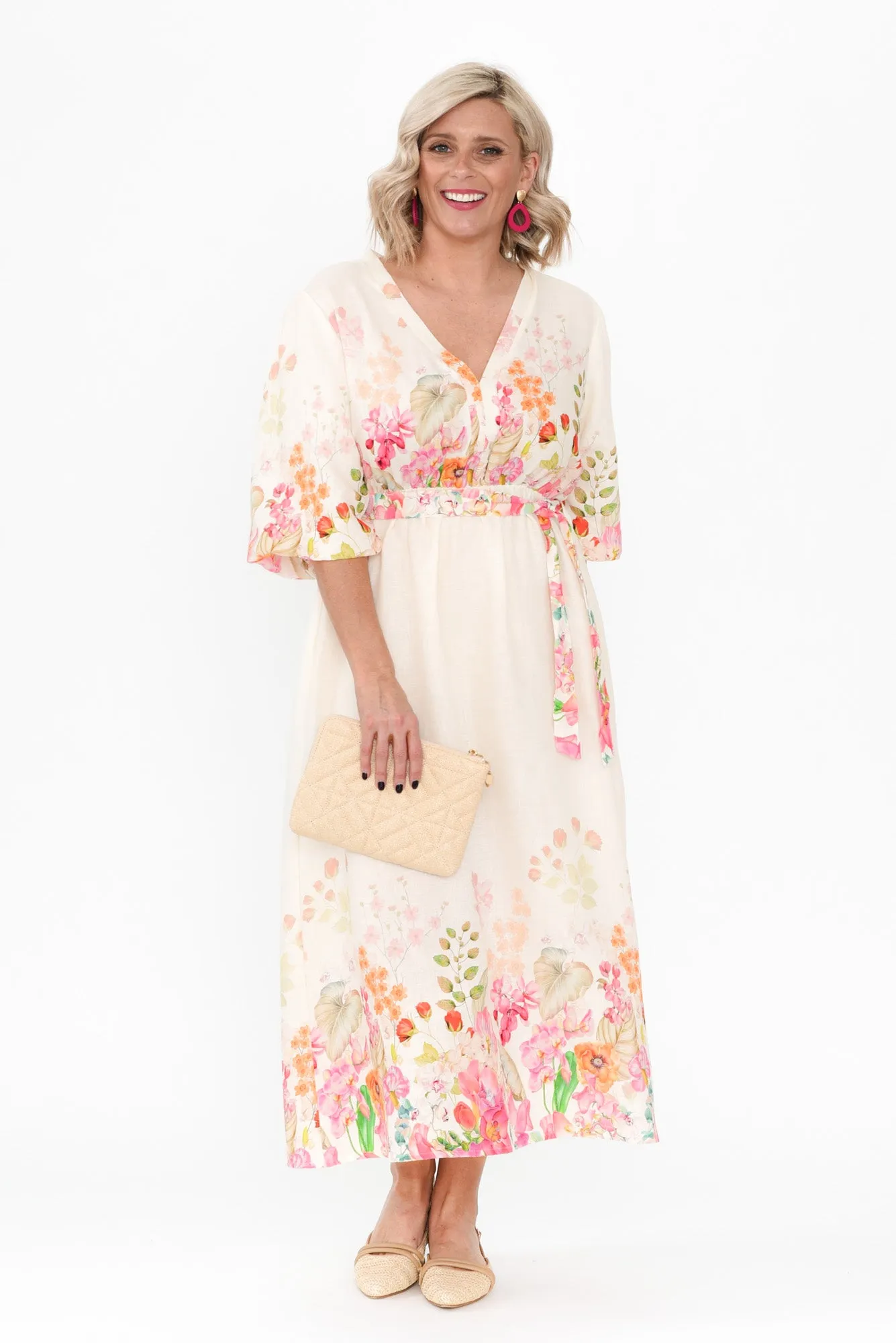Petunia Cream Floral Linen Blend Dress sold by Blue Bungalow