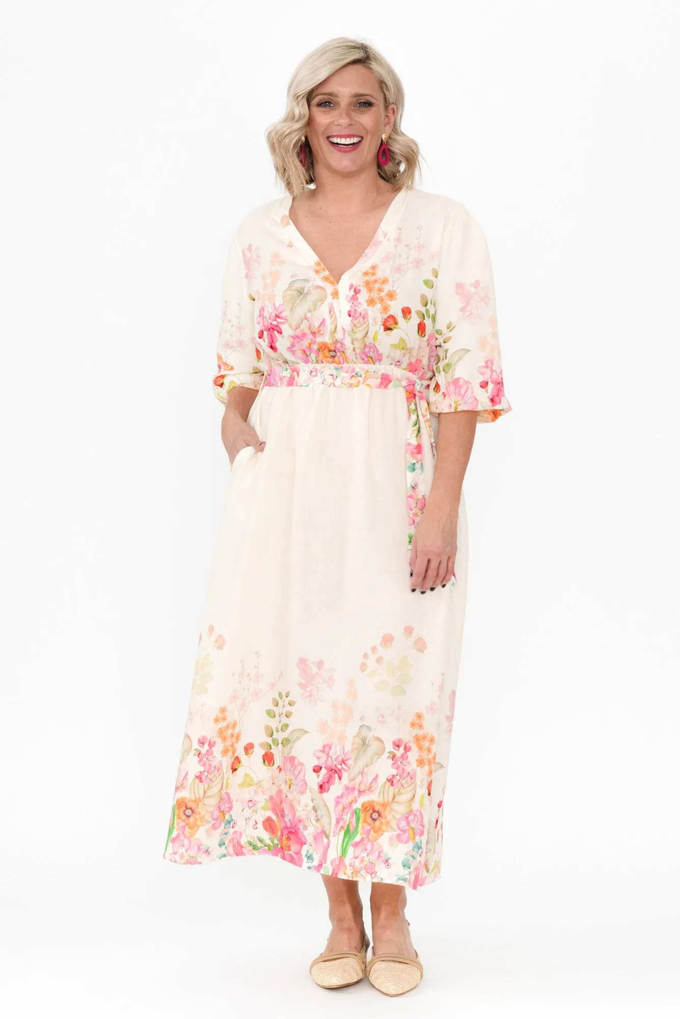 Petunia Cream Floral Linen Blend Dress sold by Blue Bungalow product image thumbnail 2