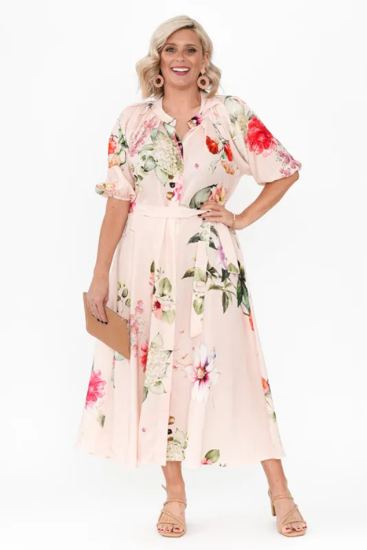 Moraya Pink Floral Linen Blend Dress sold by Blue Bungalow