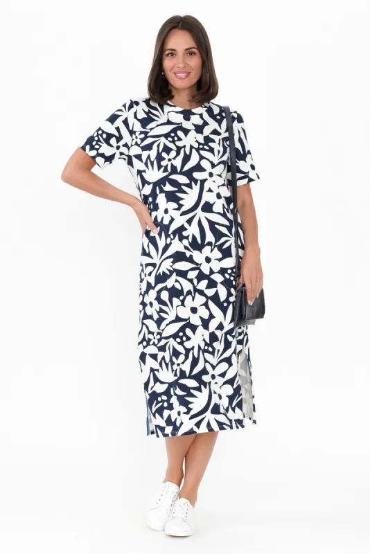 Stencil Navy Floral Organic Cotton Tee Dress sold by Blue Bungalow