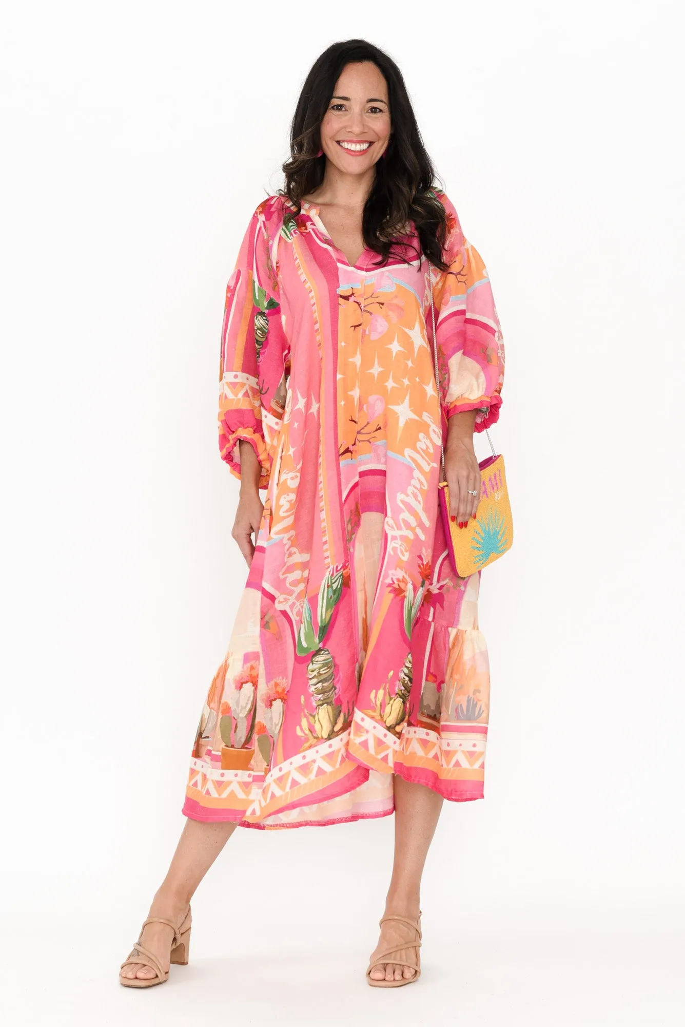 Deneva Pink Cactus Linen Dress sold by Blue Bungalow