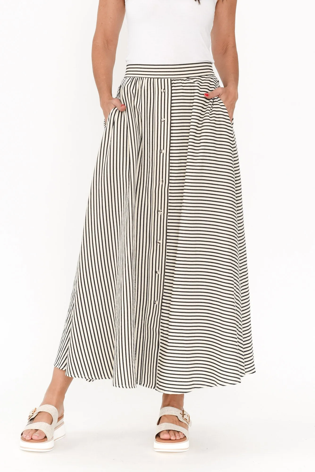 Lucy Black Stripe Button Skirt sold by Blue Bungalow