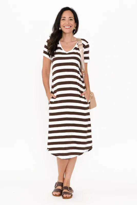 Maeve Chocolate Stripe Cotton Midi Dress sold by Blue Bungalow