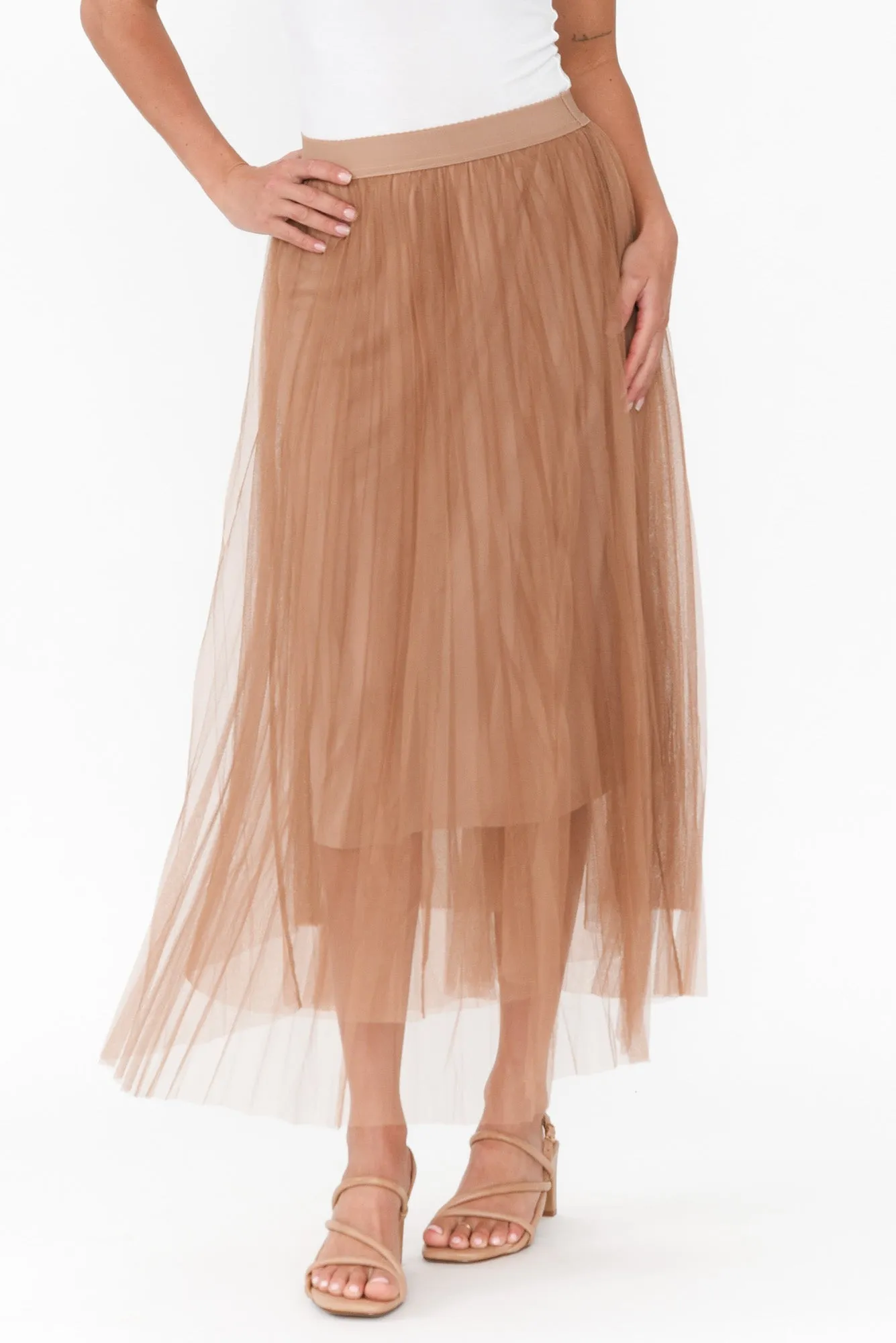 Sway Tan Mesh Midi Skirt sold by Blue Bungalow