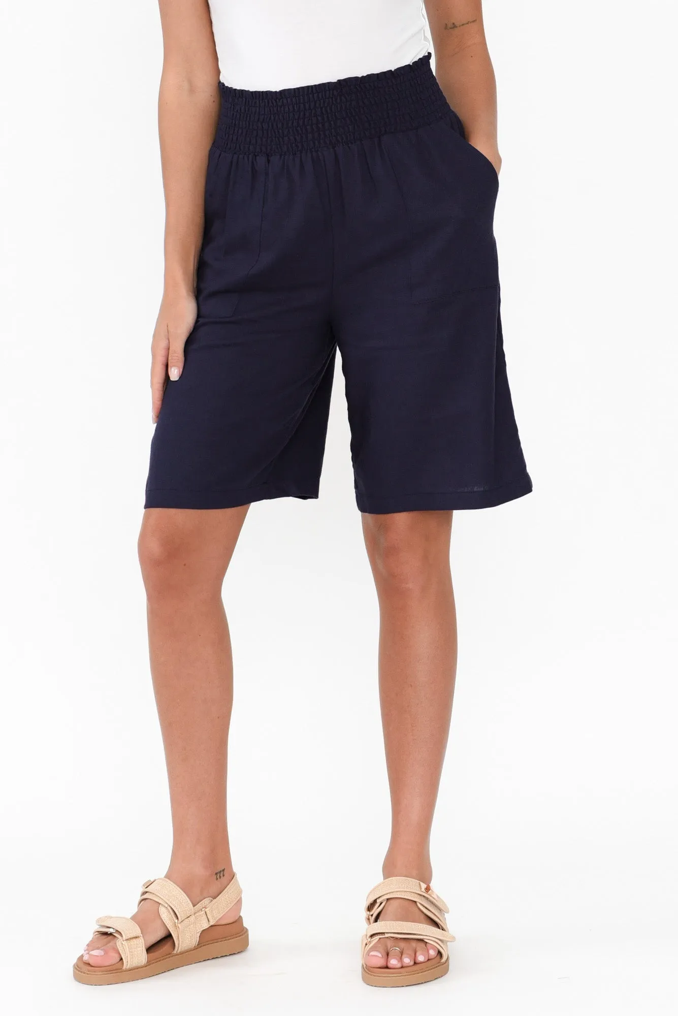 Leigh Navy Linen Blend Bermuda Shorts sold by Blue Bungalow