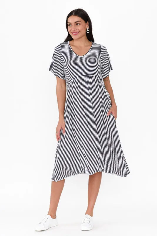 Donna Navy Stripe Gathered Dress sold by Blue Bungalow