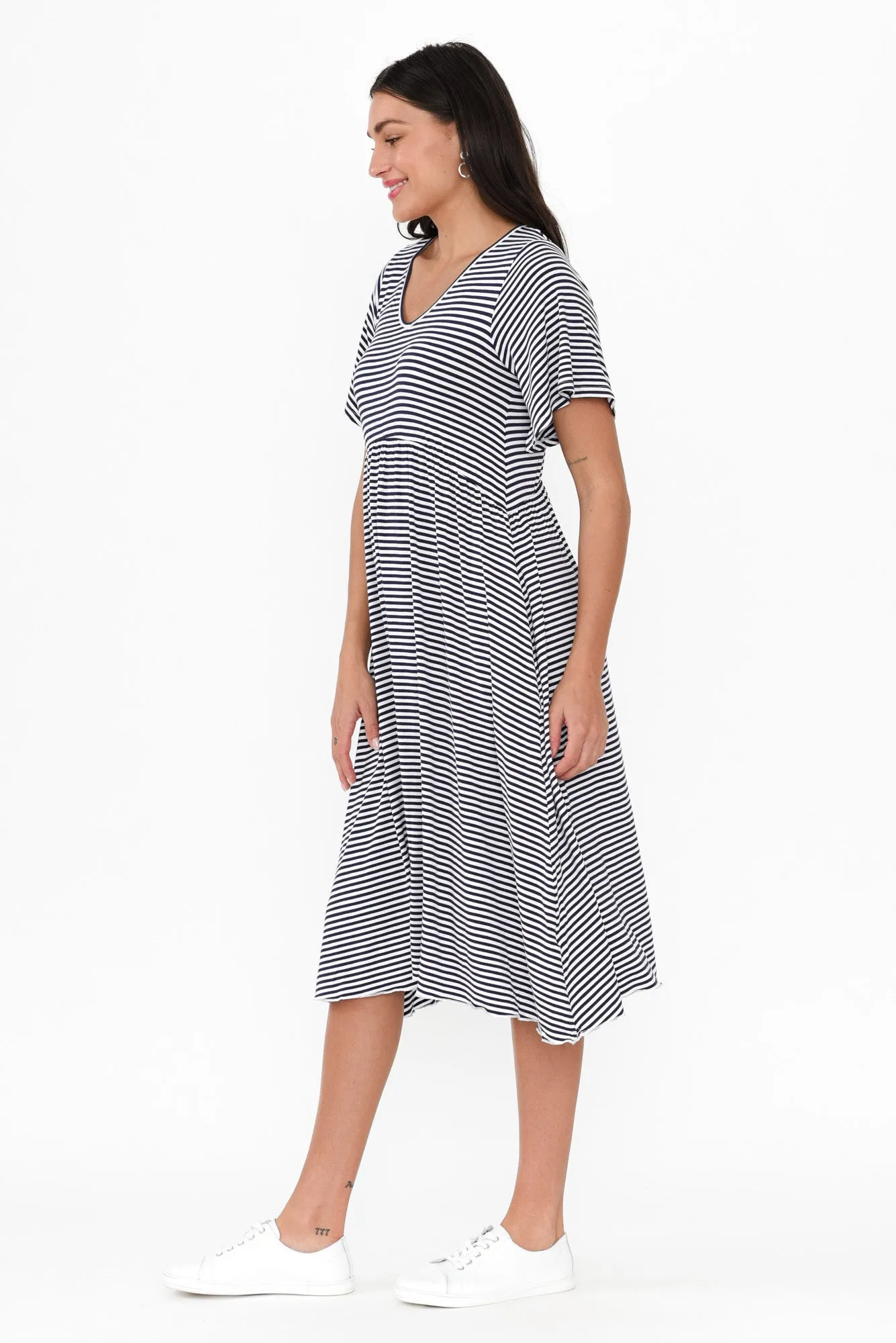 Donna Navy Stripe Gathered Dress sold by Blue Bungalow product image thumbnail 3