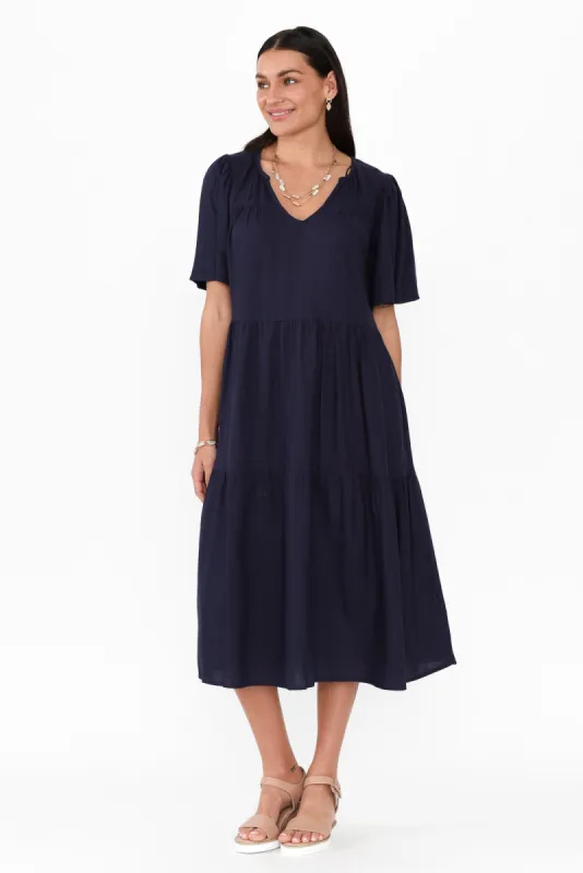 Regina Navy Linen Blend Tier Dress sold by Blue Bungalow