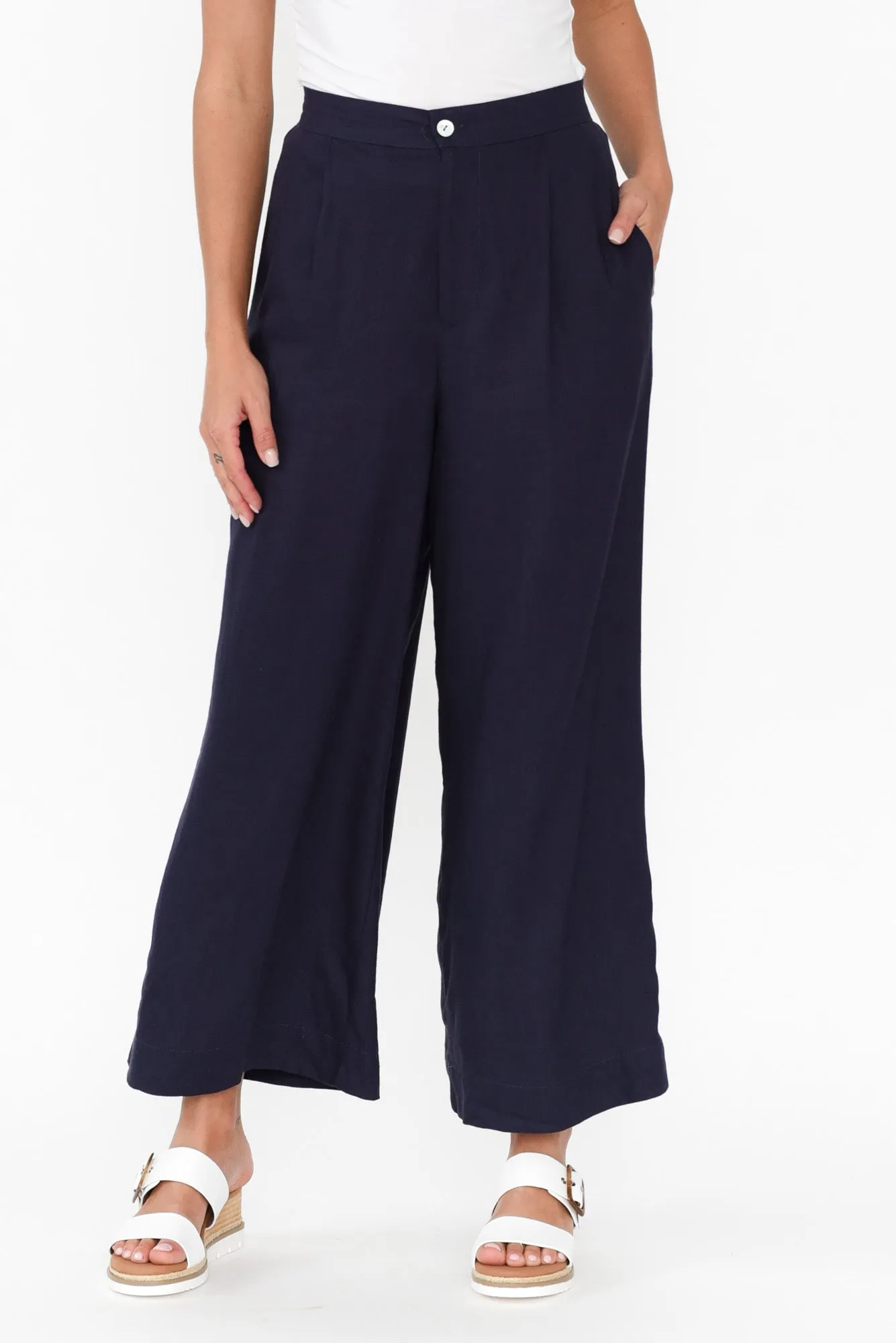 Aspen Navy Linen Blend Wide Leg Pants sold by Blue Bungalow