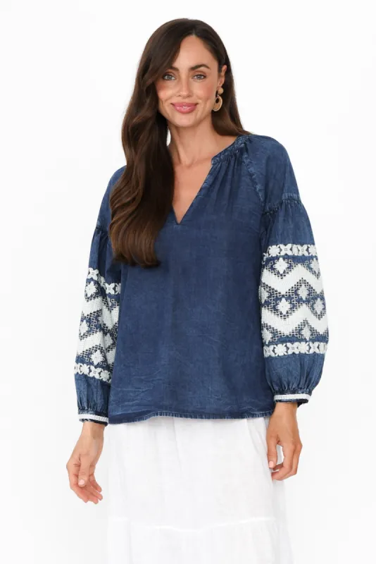 Elkana Blue Denim Embroidered Top sold by Blue Bungalow
