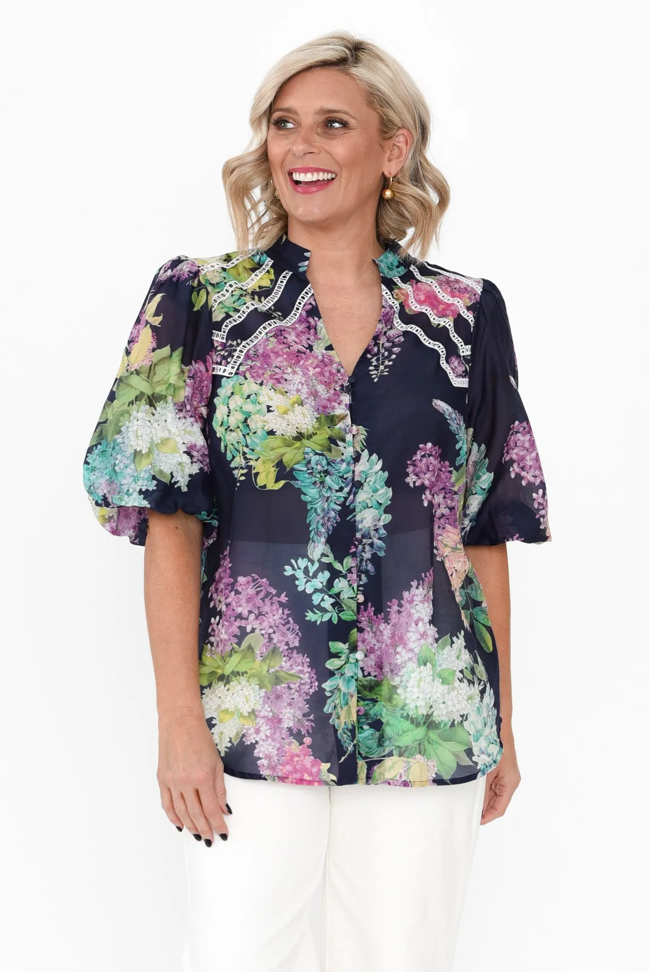 Bahia Navy Wisteria Cotton Silk Top sold by Blue Bungalow