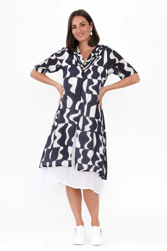 Nala Navy Abstract Layers Dress sold by Blue Bungalow