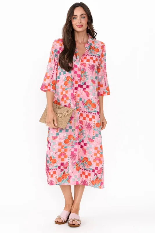 Tricia Pink Tropical Cotton Shirt Dress sold by Blue Bungalow