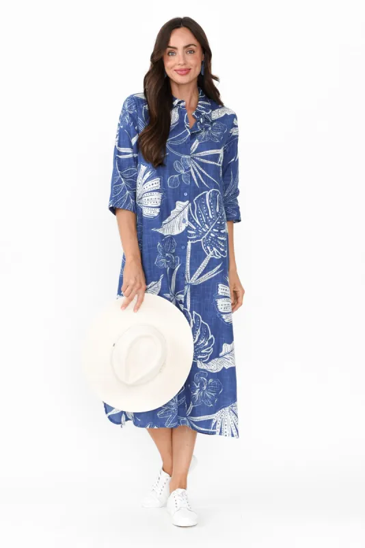 Tricia Navy Leaf Cotton Shirt Dress sold by Blue Bungalow