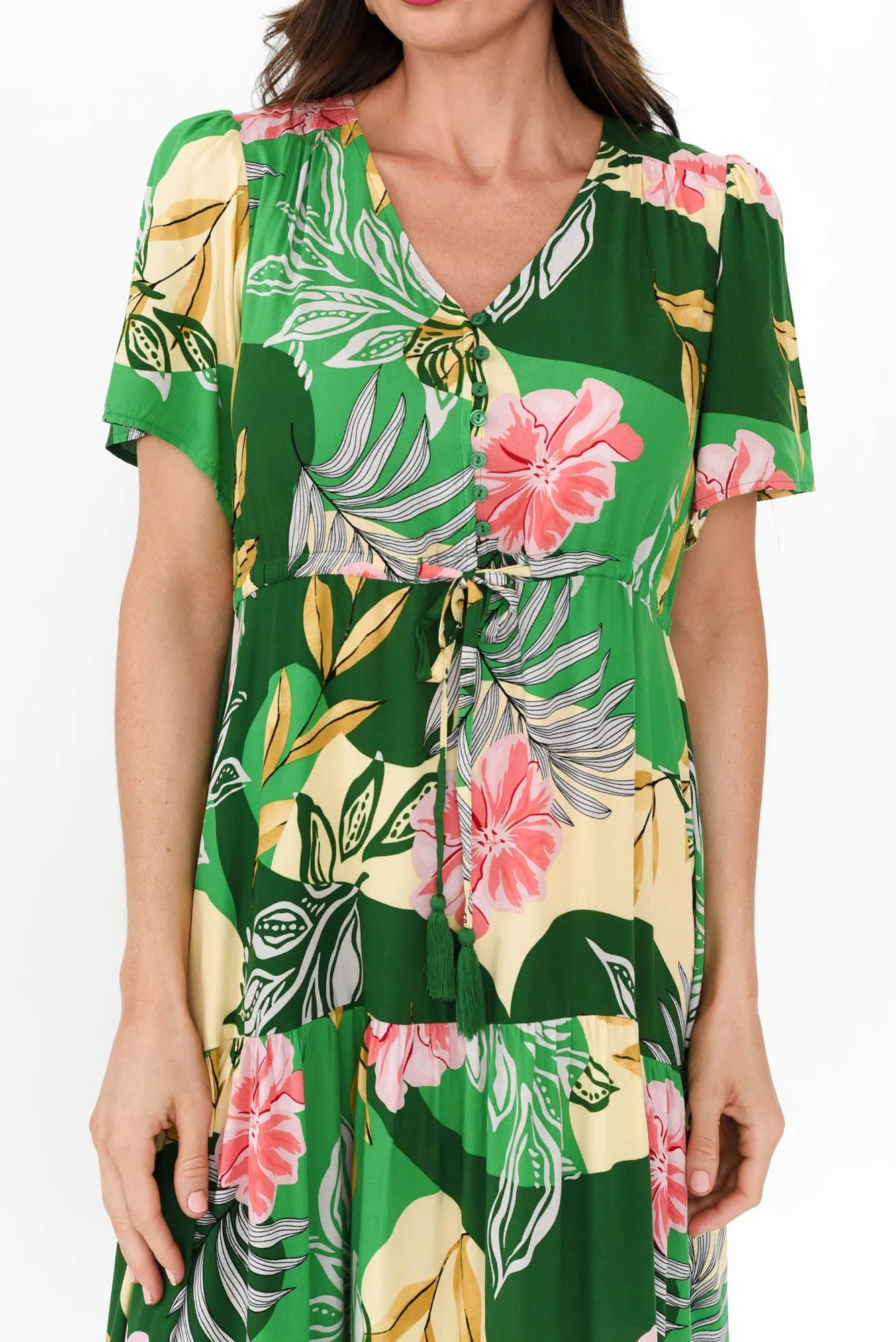 Solene Green Tropical Tier Dress sold by Blue Bungalow product image thumbnail 4