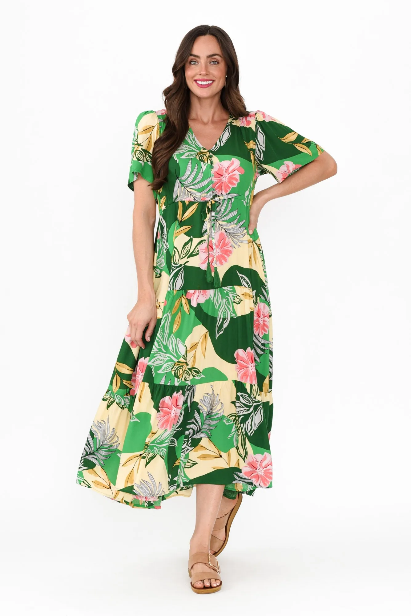 Solene Green Tropical Tier Dress sold by Blue Bungalow product image thumbnail 2