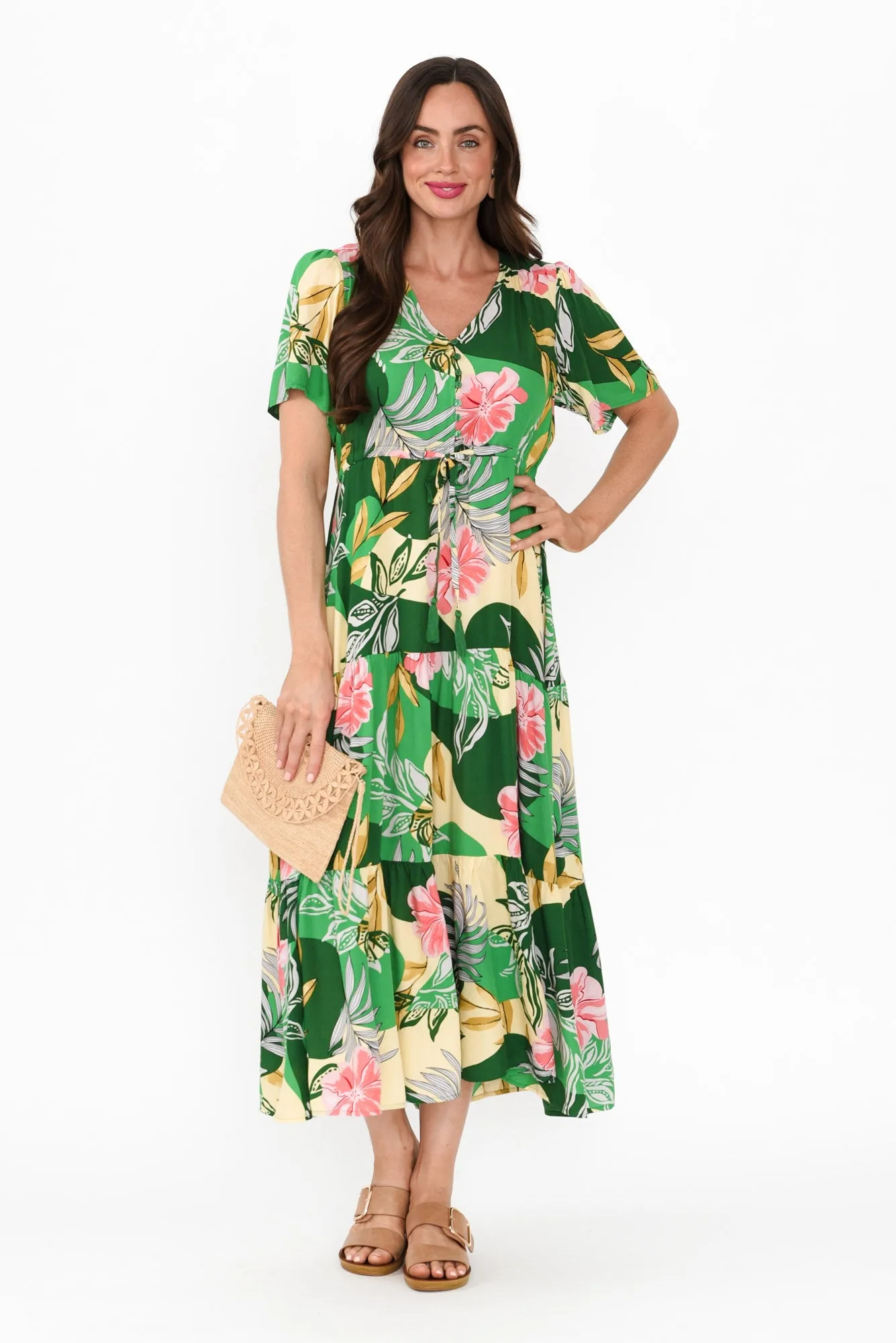 Solene Green Tropical Tier Dress sold by Blue Bungalow