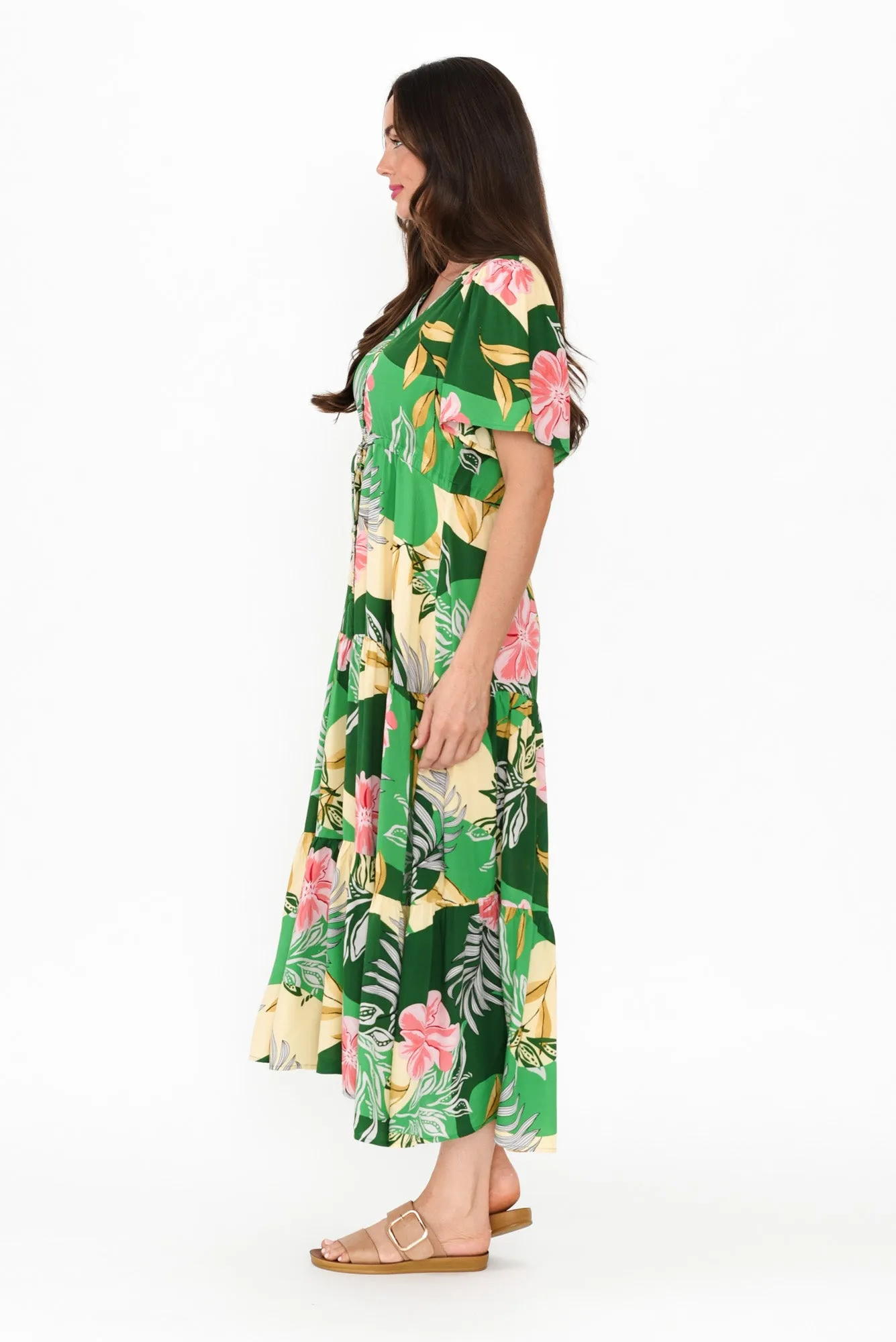 Solene Green Tropical Tier Dress sold by Blue Bungalow product image thumbnail 3