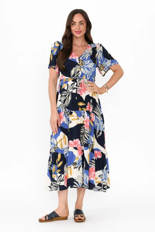 Solene Blue Tropical Tier Dress sold by Blue Bungalow