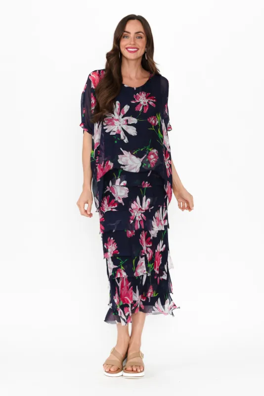 Katerina Navy Bloom Silk Overlay Maxi Dress sold by Blue Bungalow