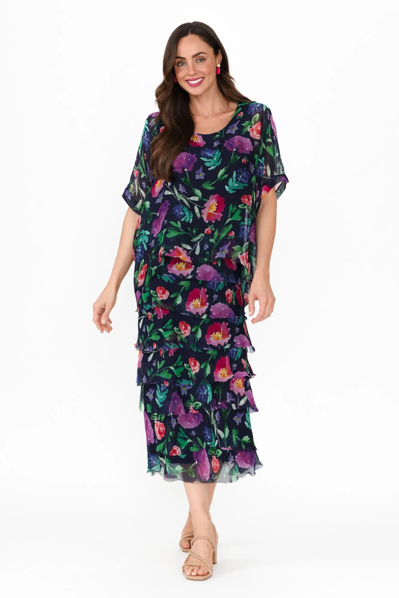 Katerina Navy Botanical Silk Overlay Maxi Dress sold by Blue Bungalow product image thumbnail 2