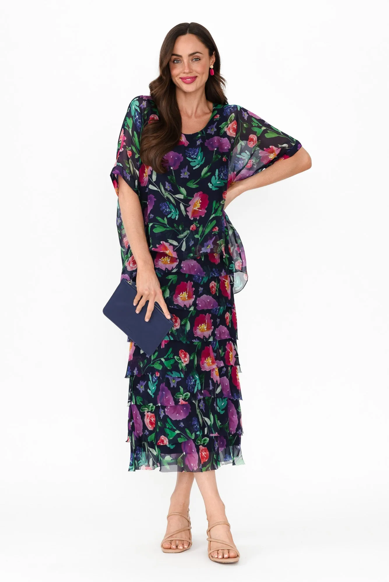 Katerina Navy Botanical Silk Overlay Maxi Dress sold by Blue Bungalow