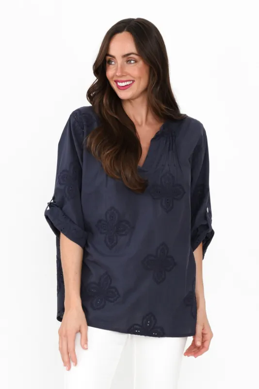 Marla Navy Cotton Embroidered Top sold by Blue Bungalow
