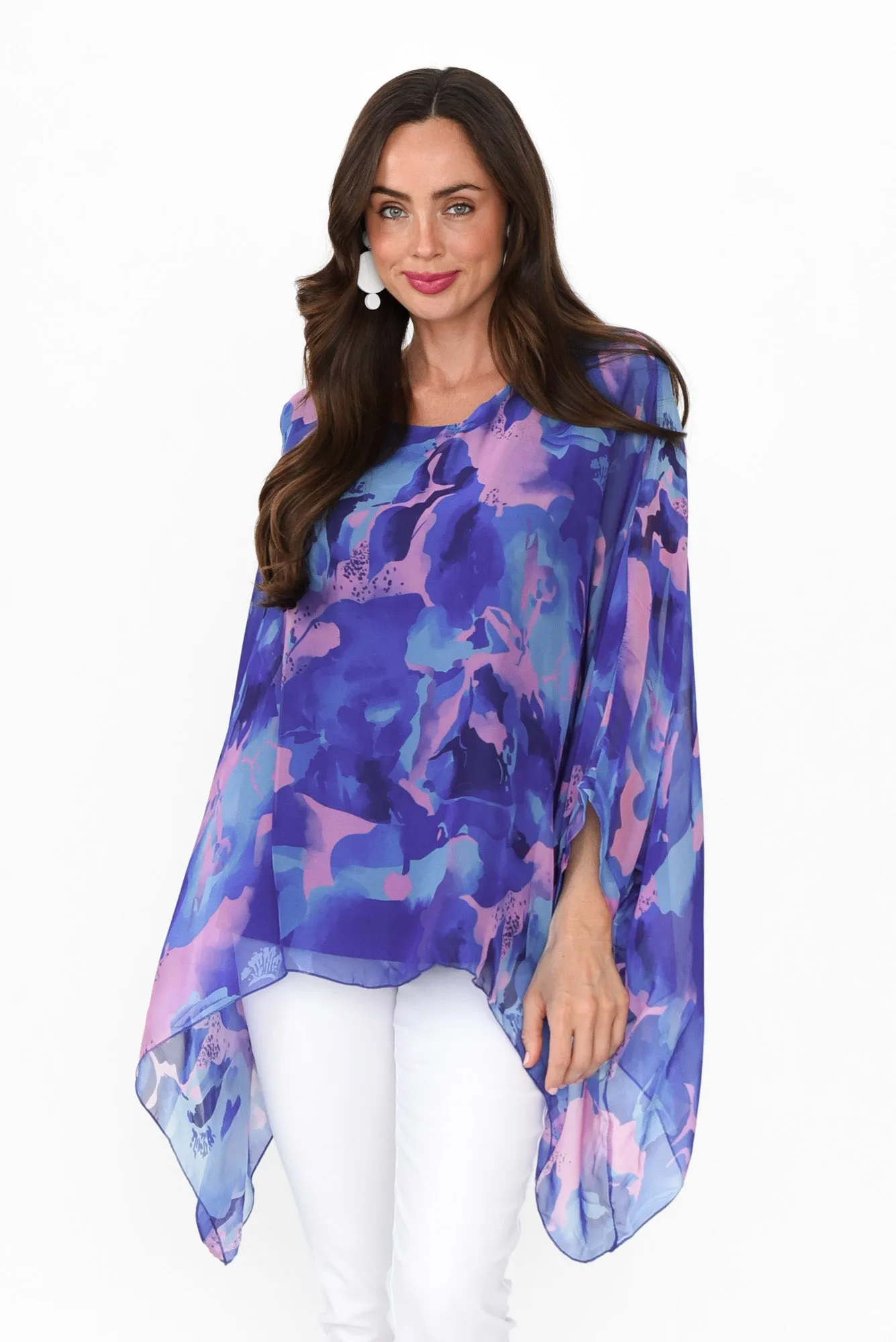 Trevino Blue Abstract Silk Overlay Top sold by Blue Bungalow