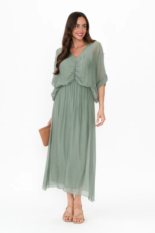 Kerry Khaki Silk Gathered Dress sold by Blue Bungalow