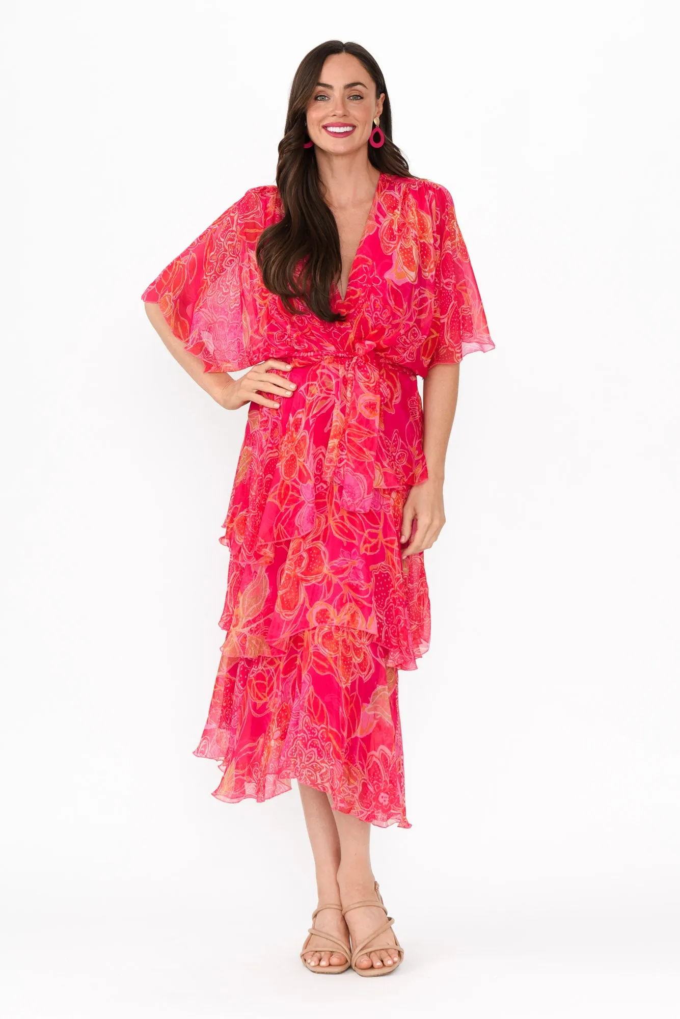 Natalie Hot Pink Floral Silk Layer Dress sold by Blue Bungalow