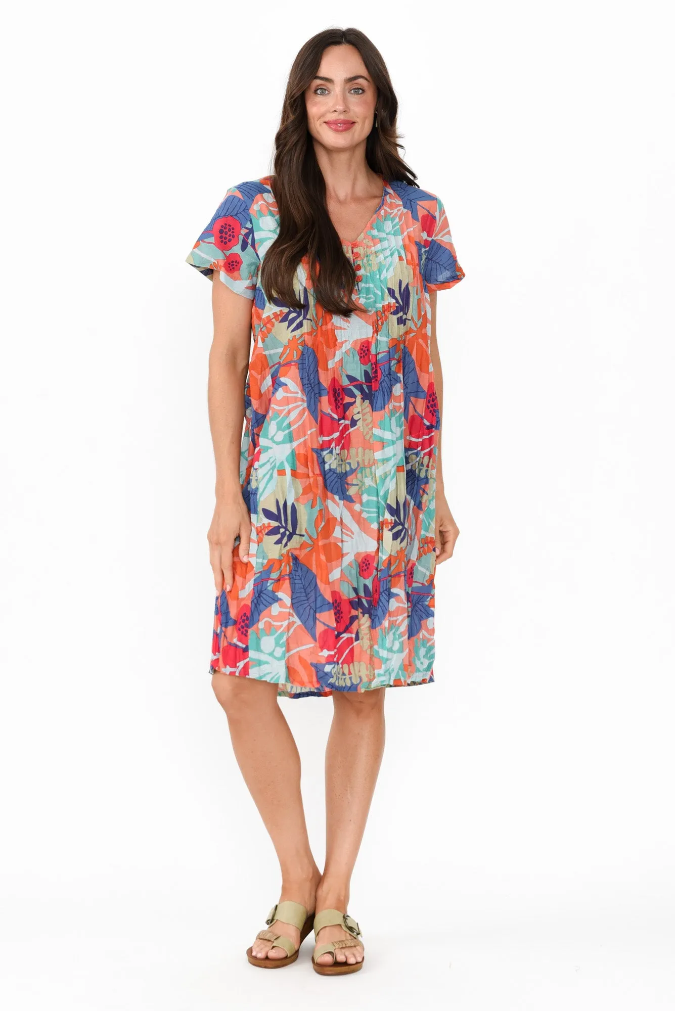 Sabina Peach Floral Crinkle Cotton Dress sold by Blue Bungalow