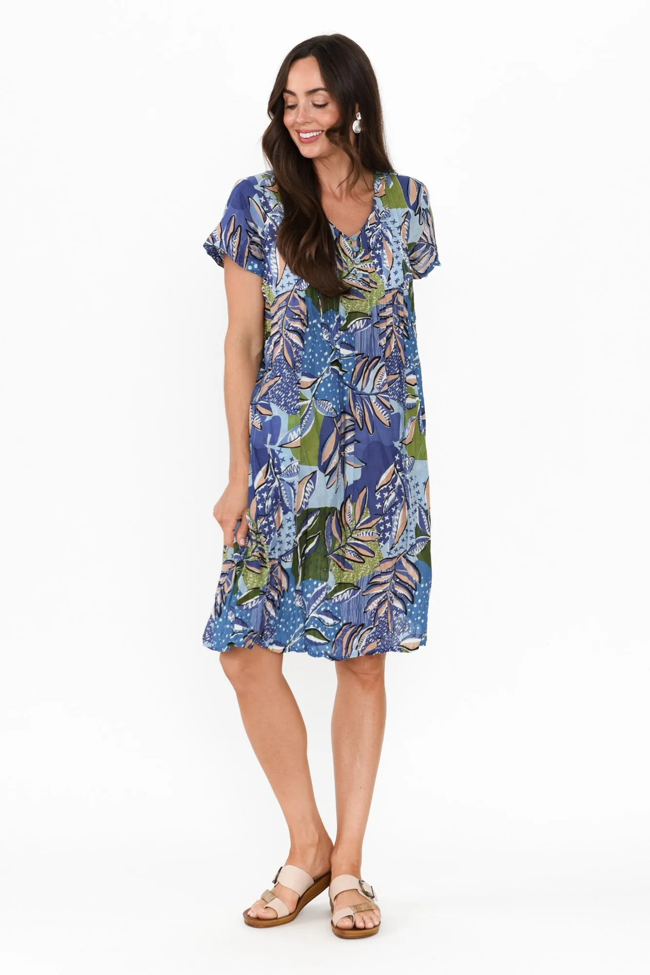 Sabina Blue Foliage Crinkle Cotton Dress sold by Blue Bungalow product image thumbnail 2
