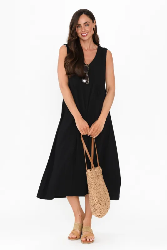Tarah Black Cotton Stretch V Neck Dress sold by Blue Bungalow