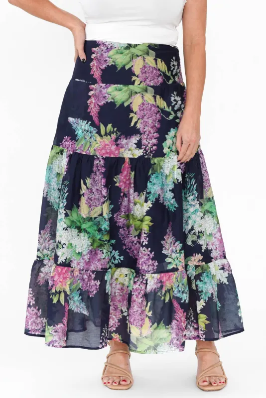 Bahia Navy Wisteria Cotton Silk Skirt sold by Blue Bungalow